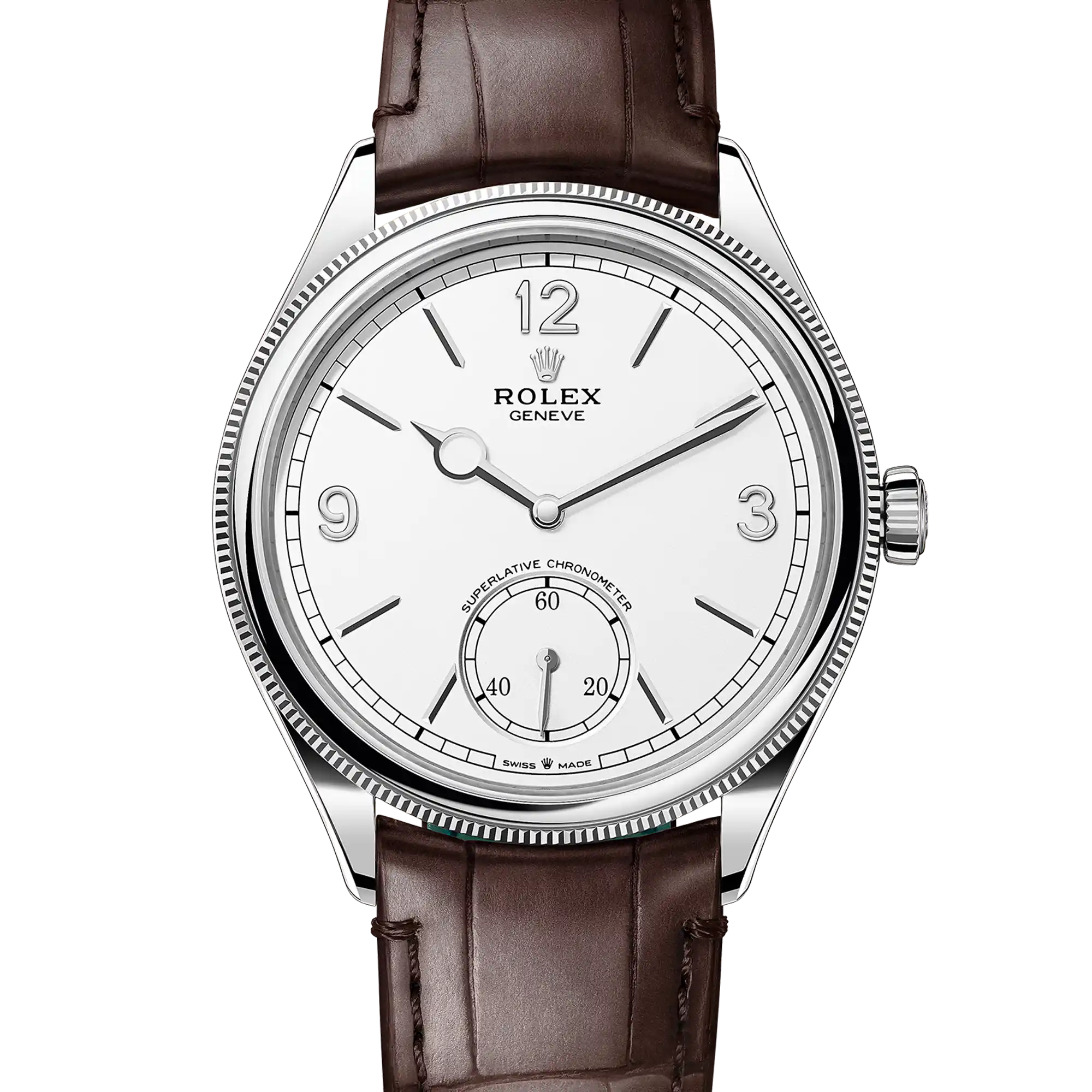 Rolex 1908 White Gold White Dial Brown Alligator Strap 52509