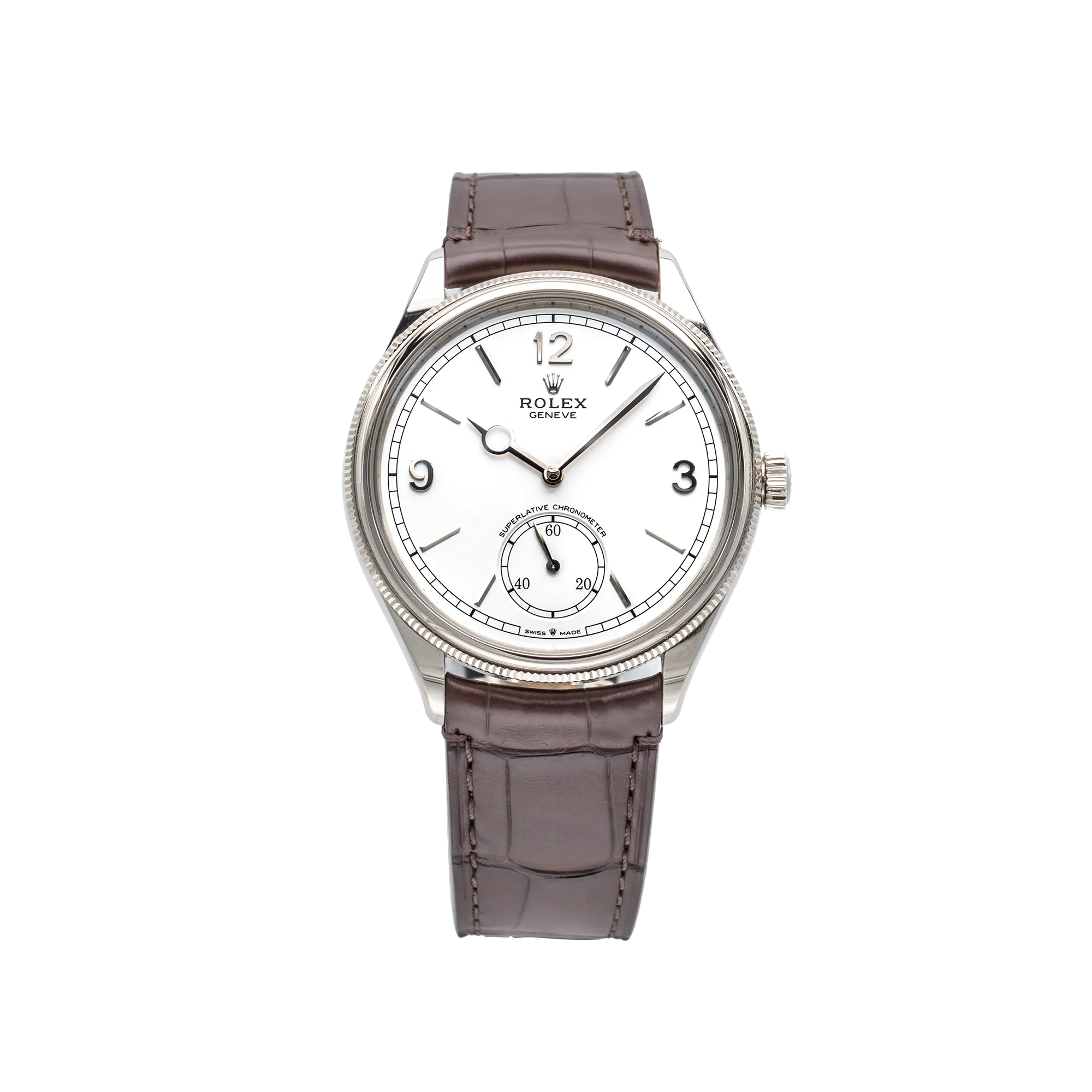 Rolex 1908 White Gold White Dial Brown Alligator Strap 52509