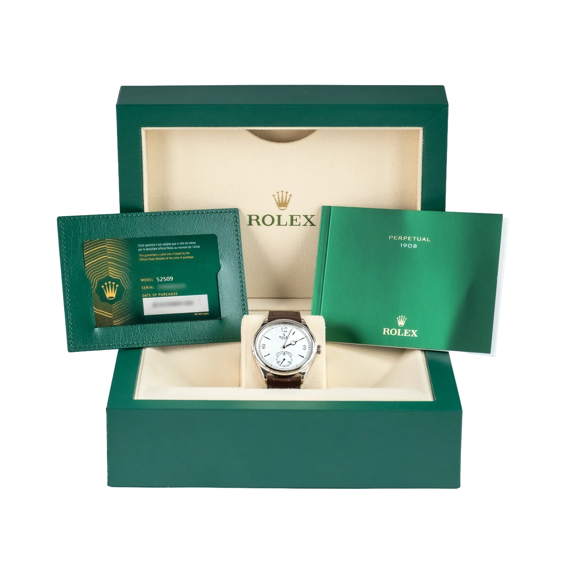 Rolex 1908 White Gold White Dial Brown Alligator Strap 52509 - Full set