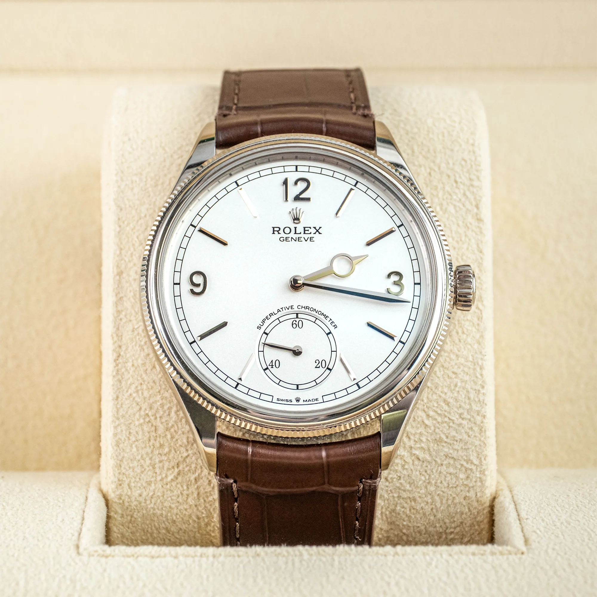Rolex 1908 White Gold White Dial Brown Alligator Strap 52509 - In box