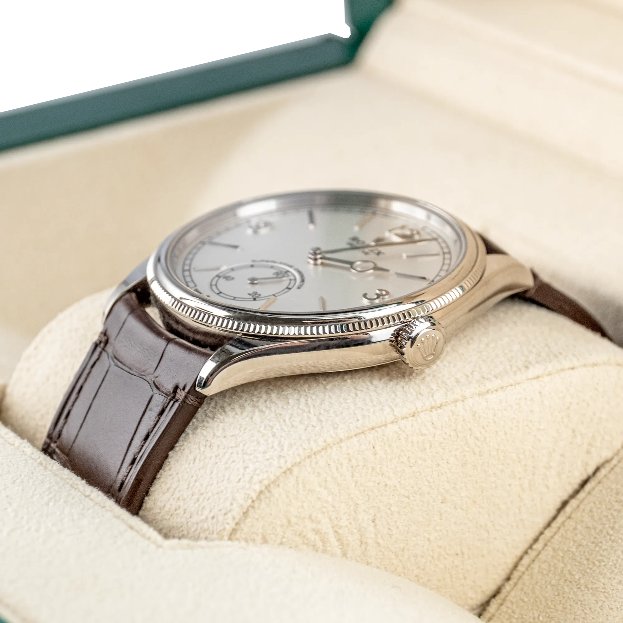 Rolex 1908 White Gold White Dial Brown Alligator Strap 52509 - Right