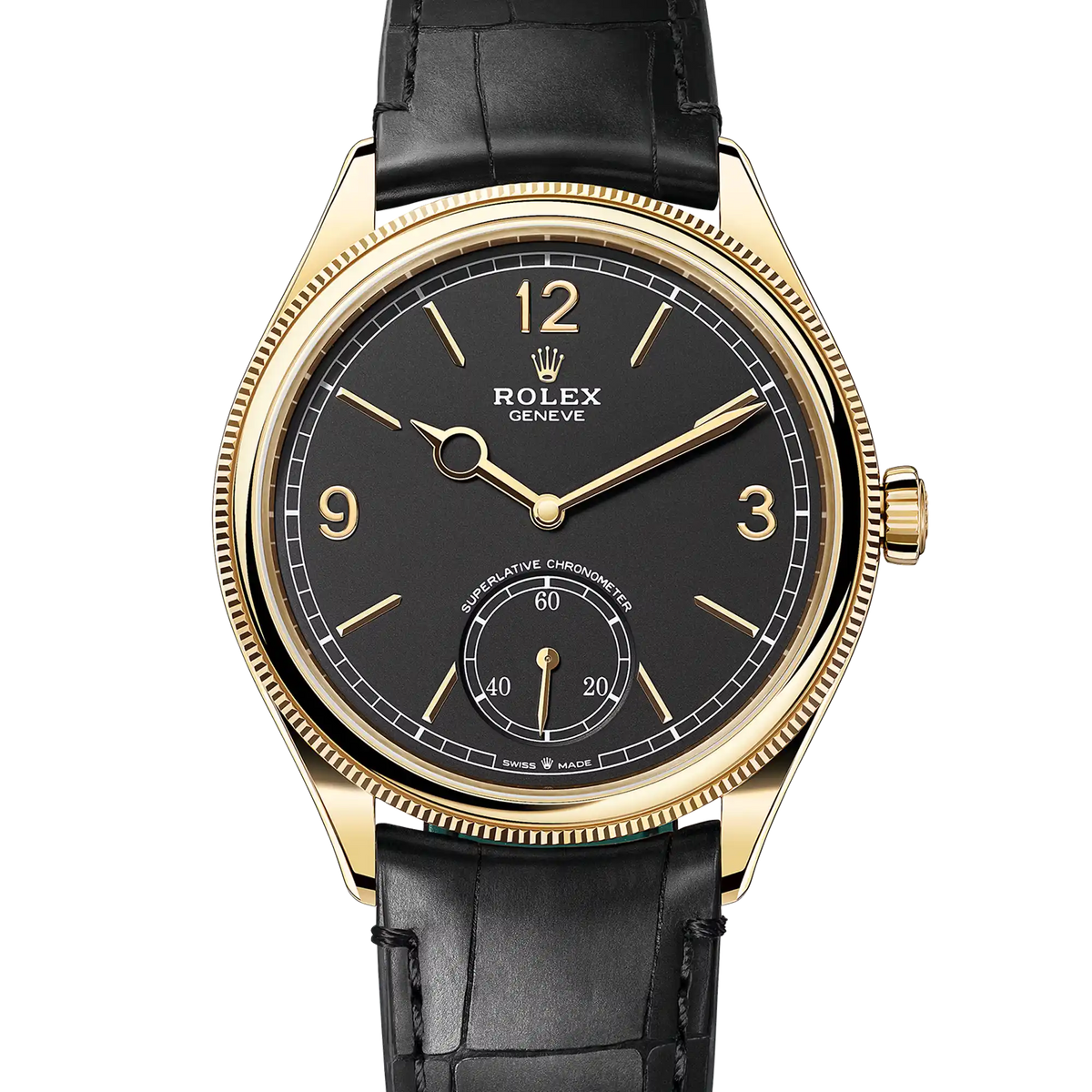 Rolex 1908 Yellow Gold Black Dial Black Alligator Strap 52508