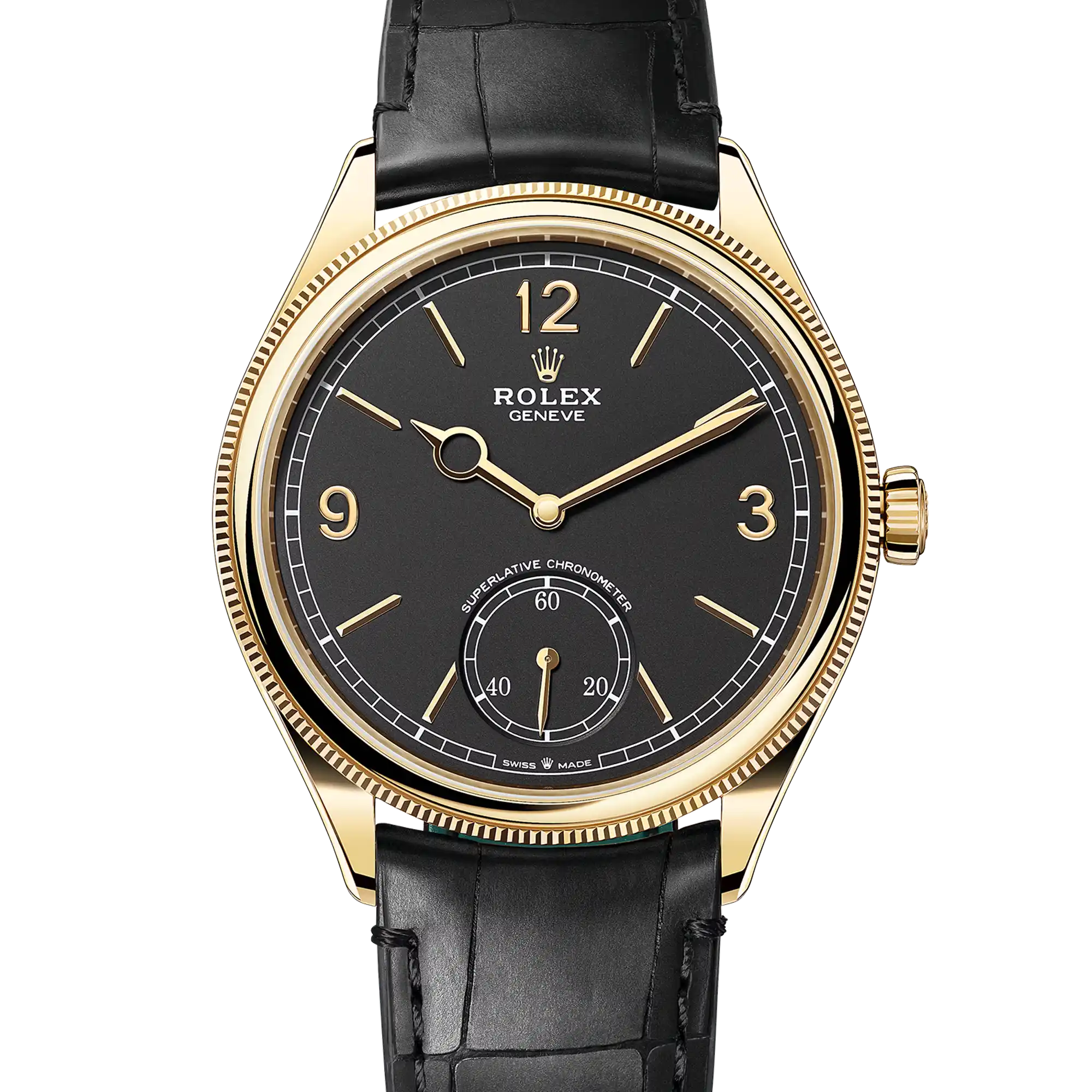 Rolex 1908 Yellow Gold Black Dial Black Alligator Strap 52508