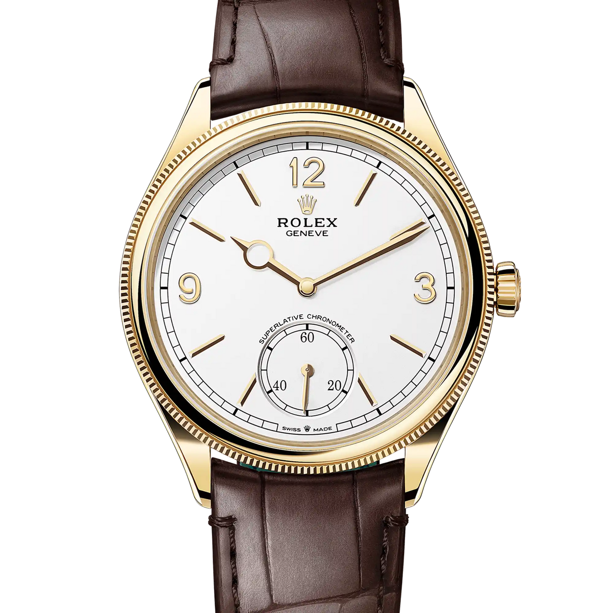 Rolex 1908 Yellow Gold White Dial Brown Alligator Strap 52508