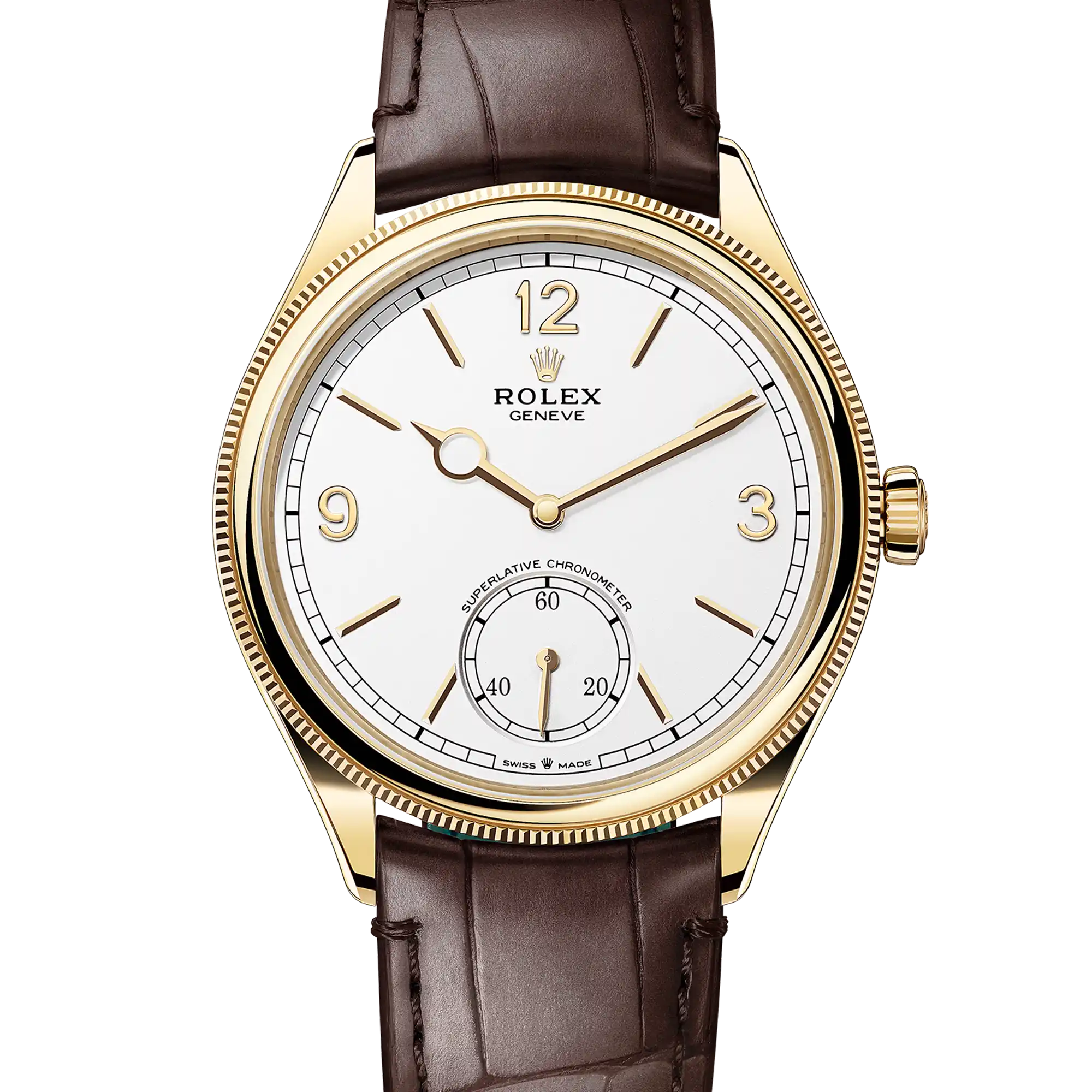Rolex 1908 Yellow Gold White Dial Brown Alligator Strap 52508