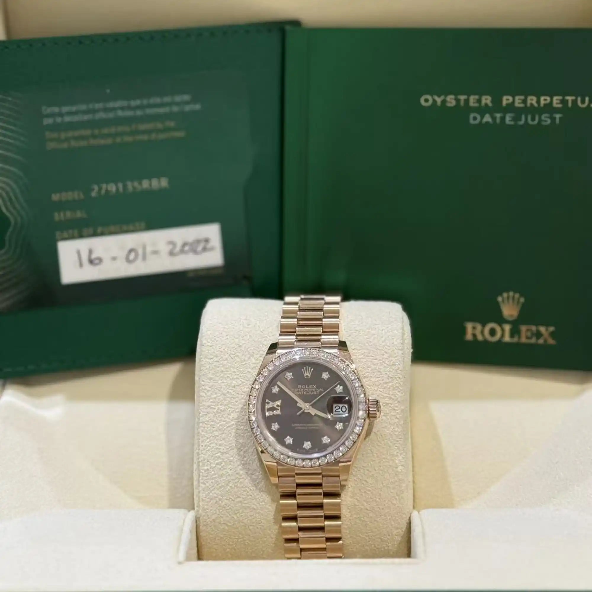 Rolex Datejust 28 Chocolate Diamond Rose Gold President 279135RBR - Full set