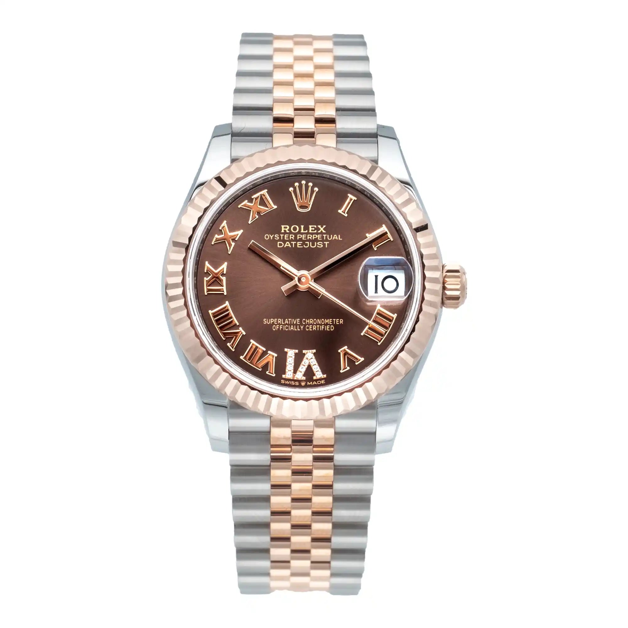 Rolex Datejust 31 Chocolate Roman Diamond Oystersteel Rose Gold Jubilee 278271 - Front