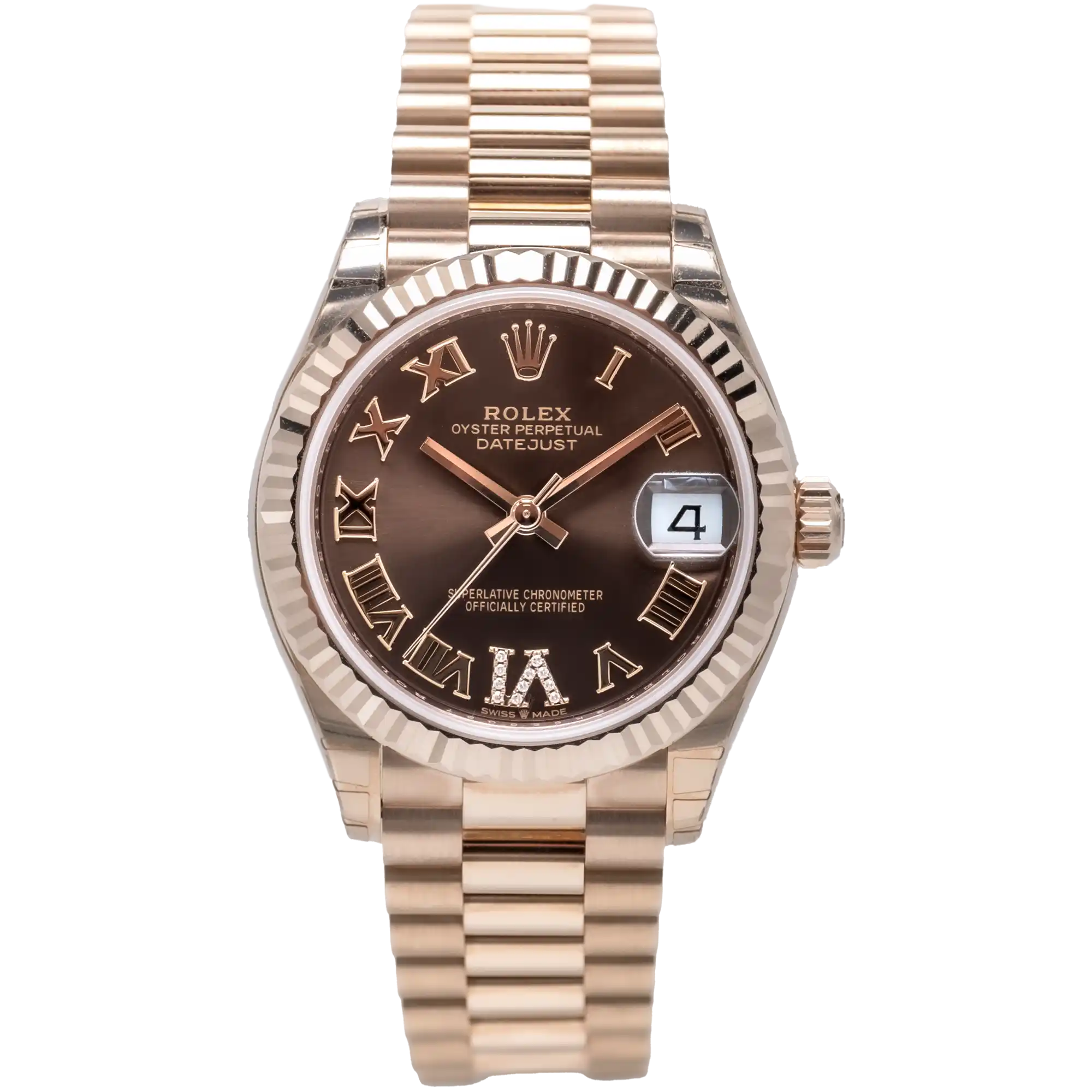Rolex Datejust 31 Chocolate Roman Diamond Rose Gold President 278275 - Fron