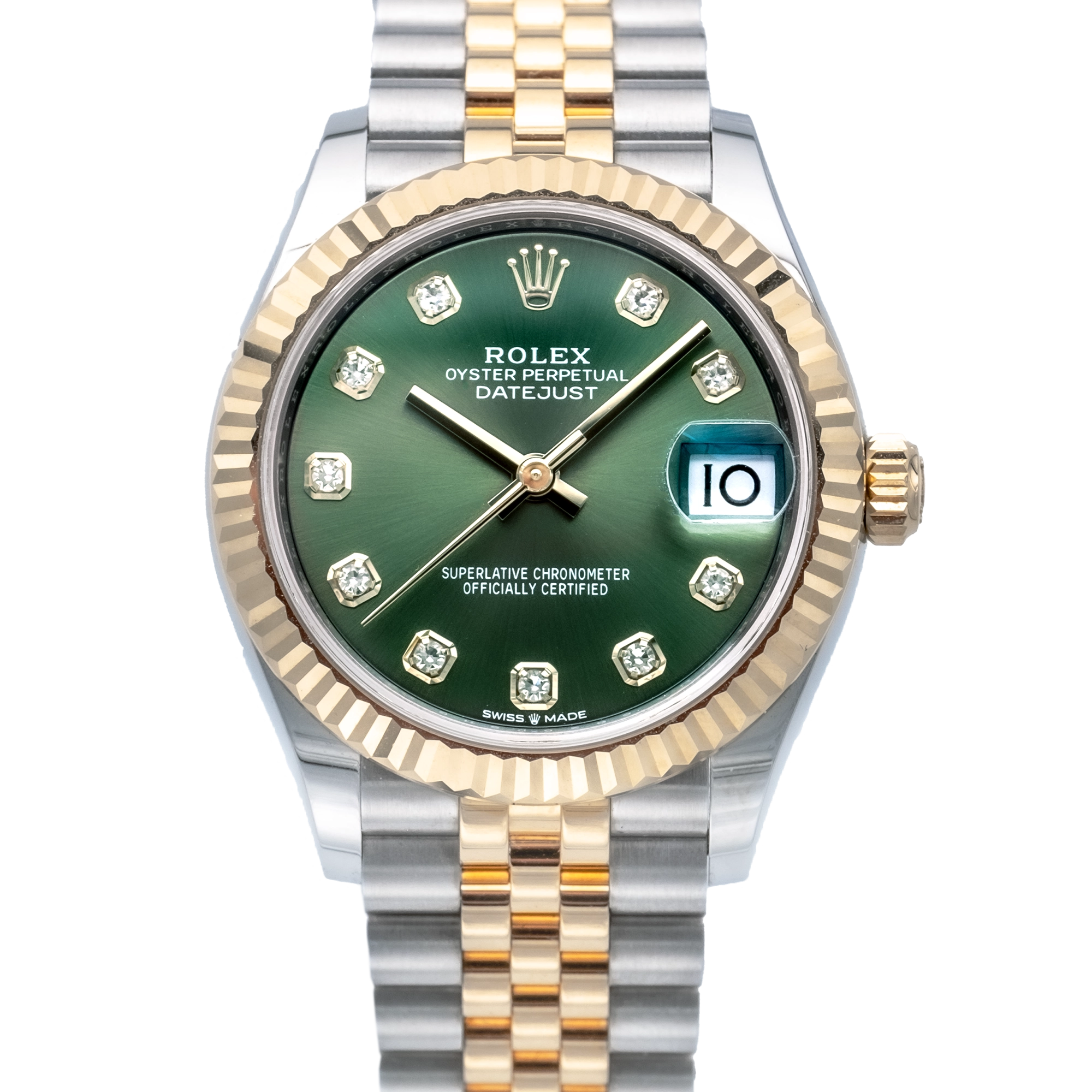 Rolex Datejust 31 Olive Green Diamond Oystersteel Yellow Gold Jubilee 278273 - Close Front
