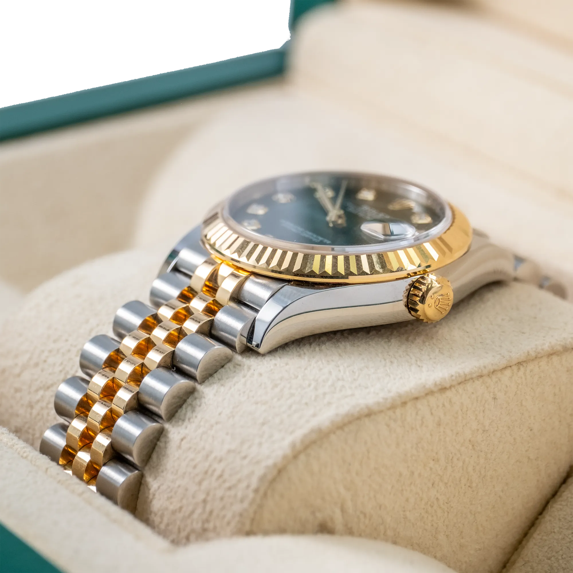Rolex Datejust 31 Olive Green Diamond Oystersteel Yellow Gold Jubilee 278273 - Crown side