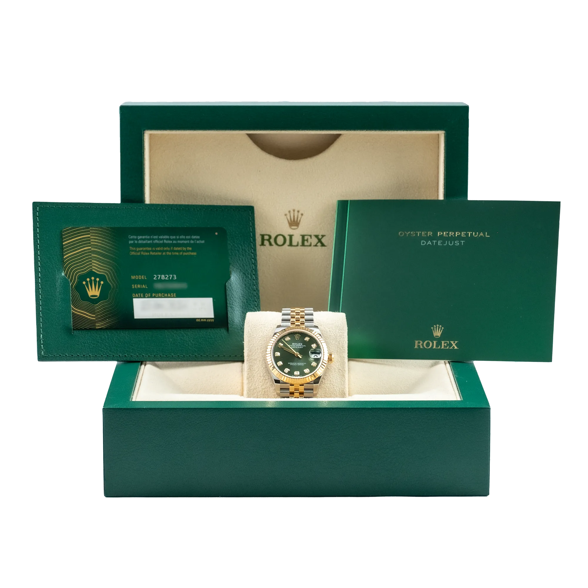 Rolex Datejust 31 Olive Green Diamond Oystersteel Yellow Gold Jubilee 278273 - Full set