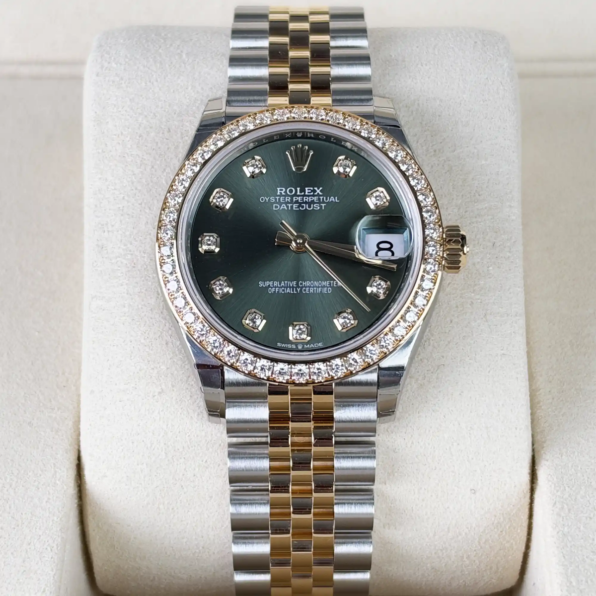 Rolex Datejust 31 Olive Green Roman Diamond Yellow Gold Oystersteel Jubilee 278383RBR - Front