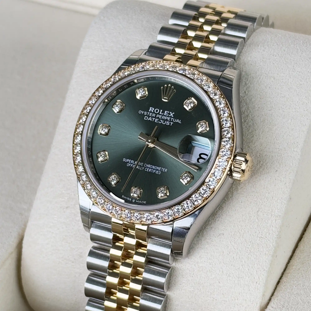 Rolex Datejust 31 Olive Green Roman Diamond Yellow Gold Oystersteel Jubilee 278383RBR - Right