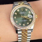 Rolex Datejust 31 Olive Green Roman Diamond Yellow Gold Oystersteel Jubilee 278383RBR - Wrist