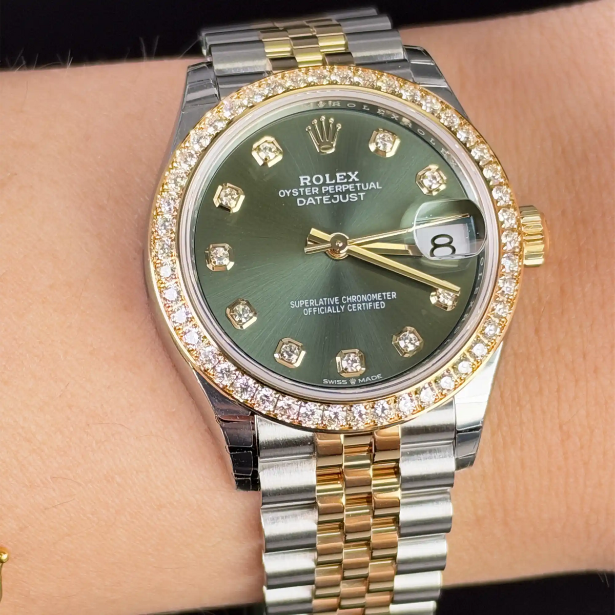 Rolex Datejust 31 Olive Green Roman Diamond Yellow Gold Oystersteel Jubilee 278383RBR - Wrist