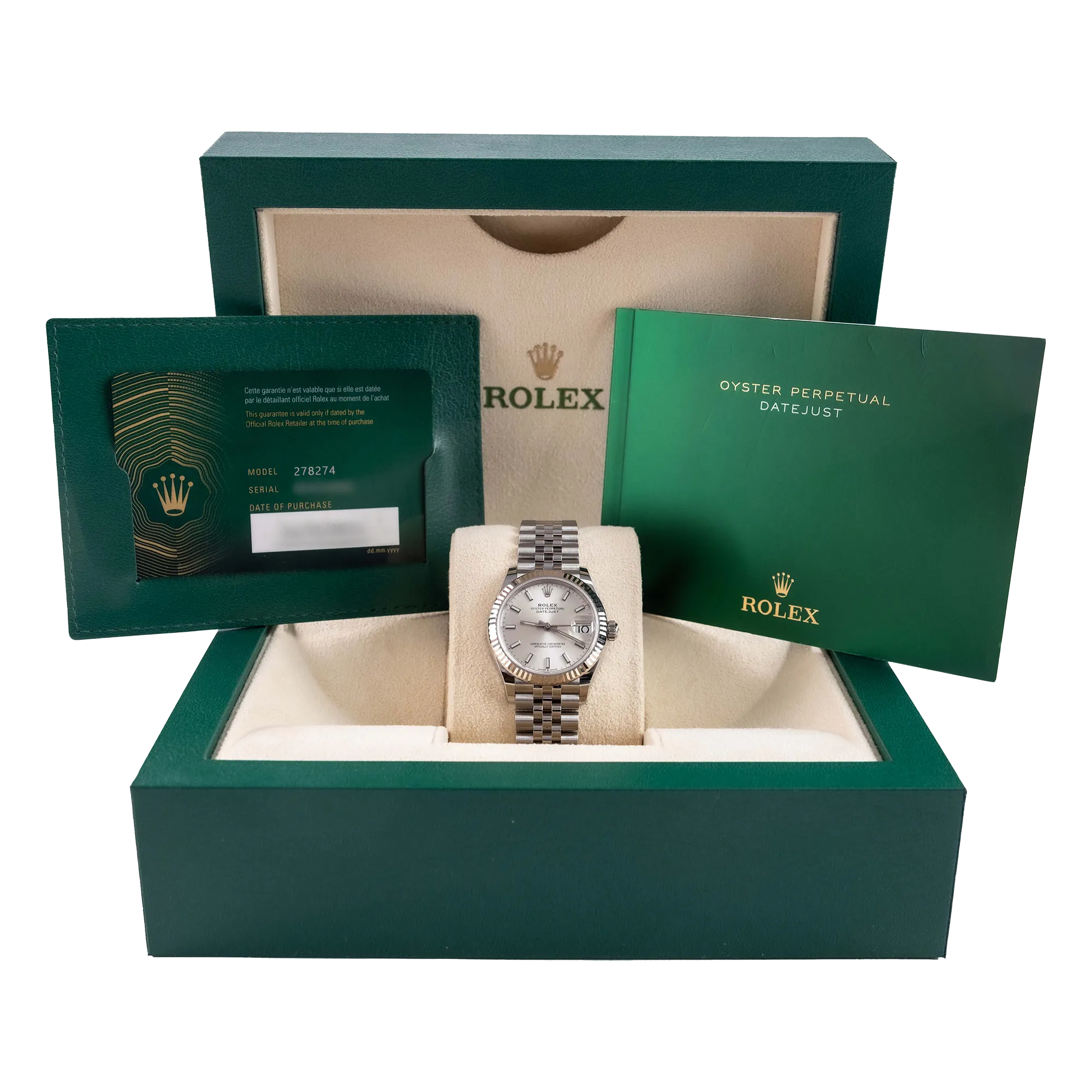 Rolex Datejust 31 Silver Index Oystersteel White Gold Jubilee 278274 - Full set