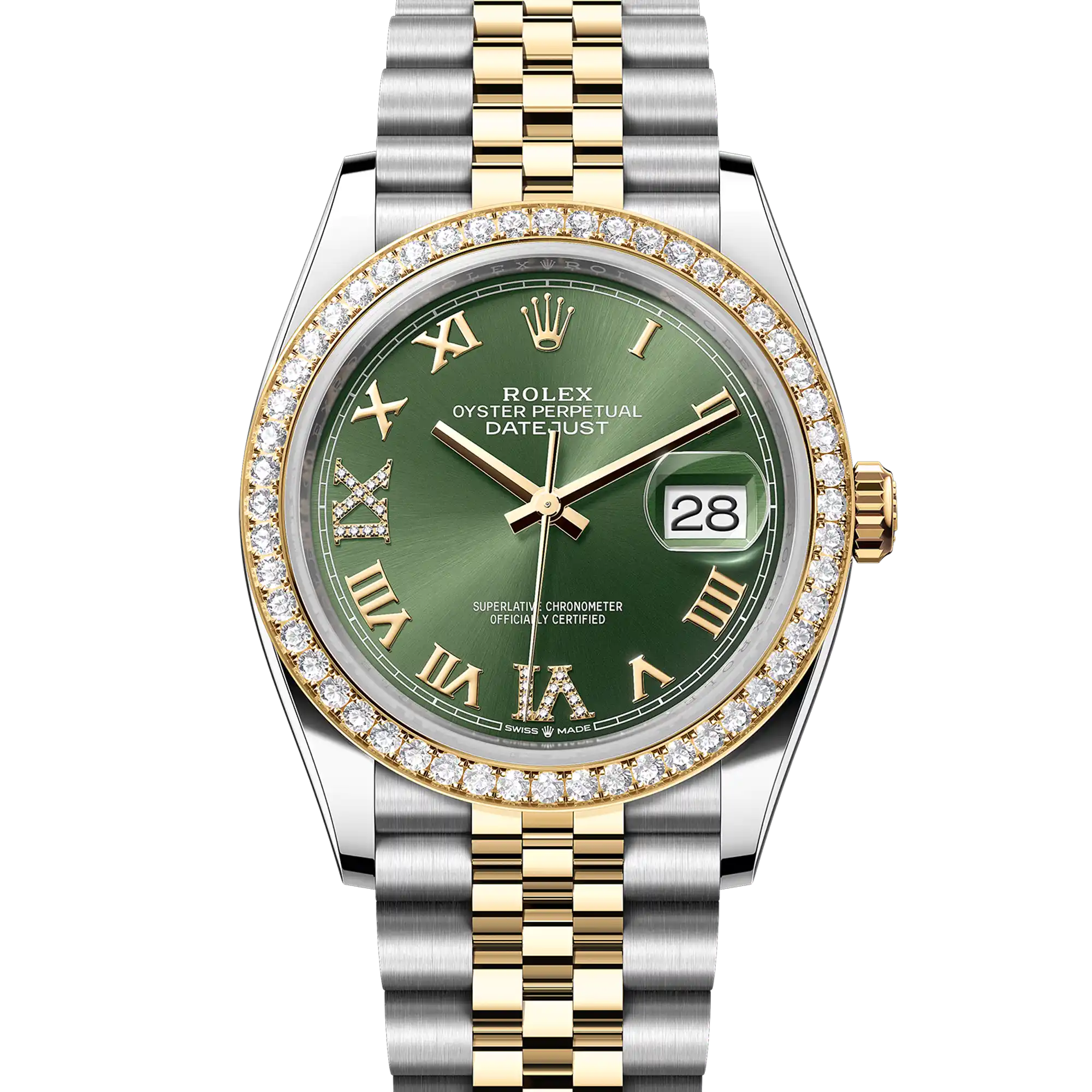 Rolex Datejust 36 Green Roman Diamond Oystersteel Yellow Gold Jubilee 126283RBR