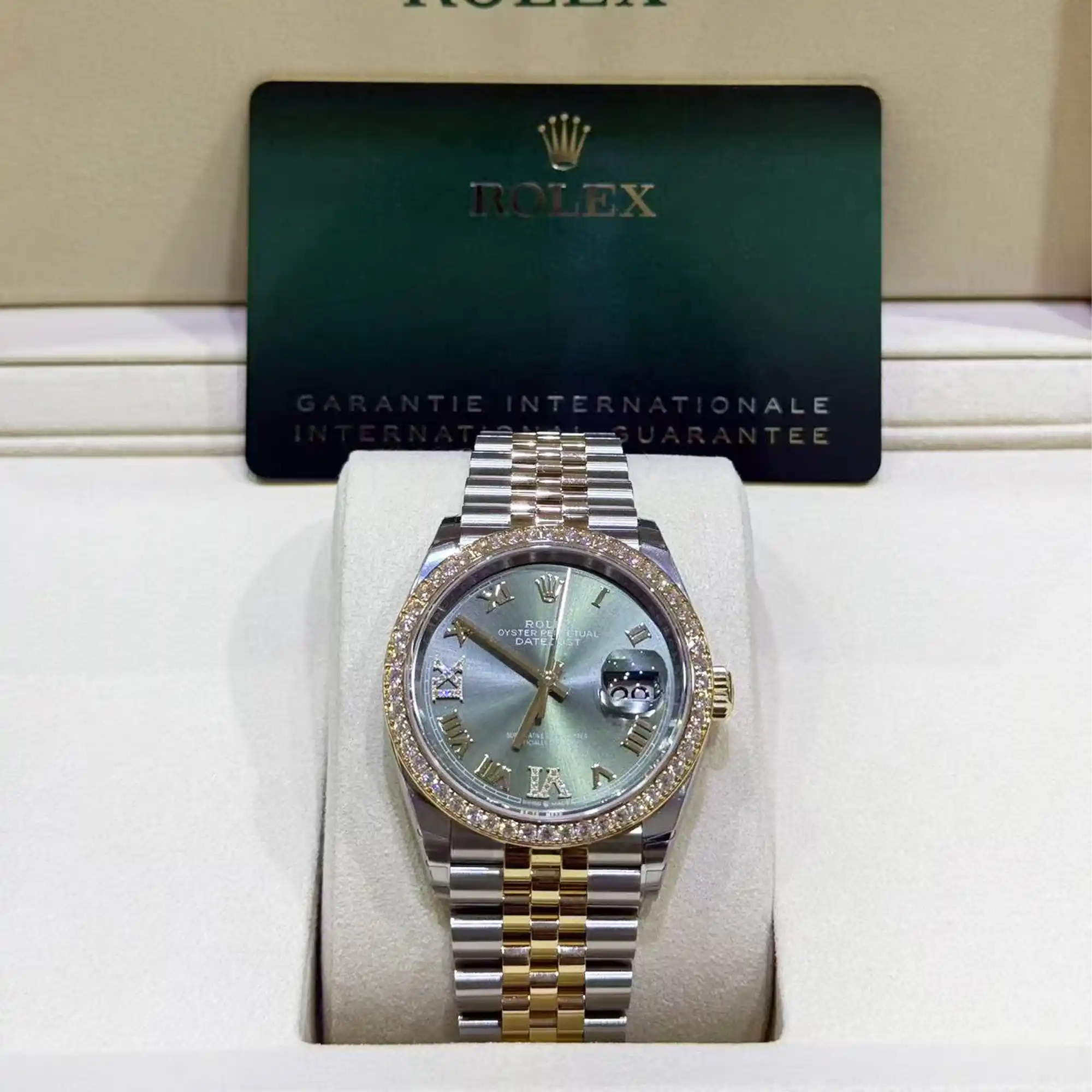 Rolex Datejust 36 Green Roman Diamond Oystersteel Yellow Gold Jubilee 126283RBR - Front