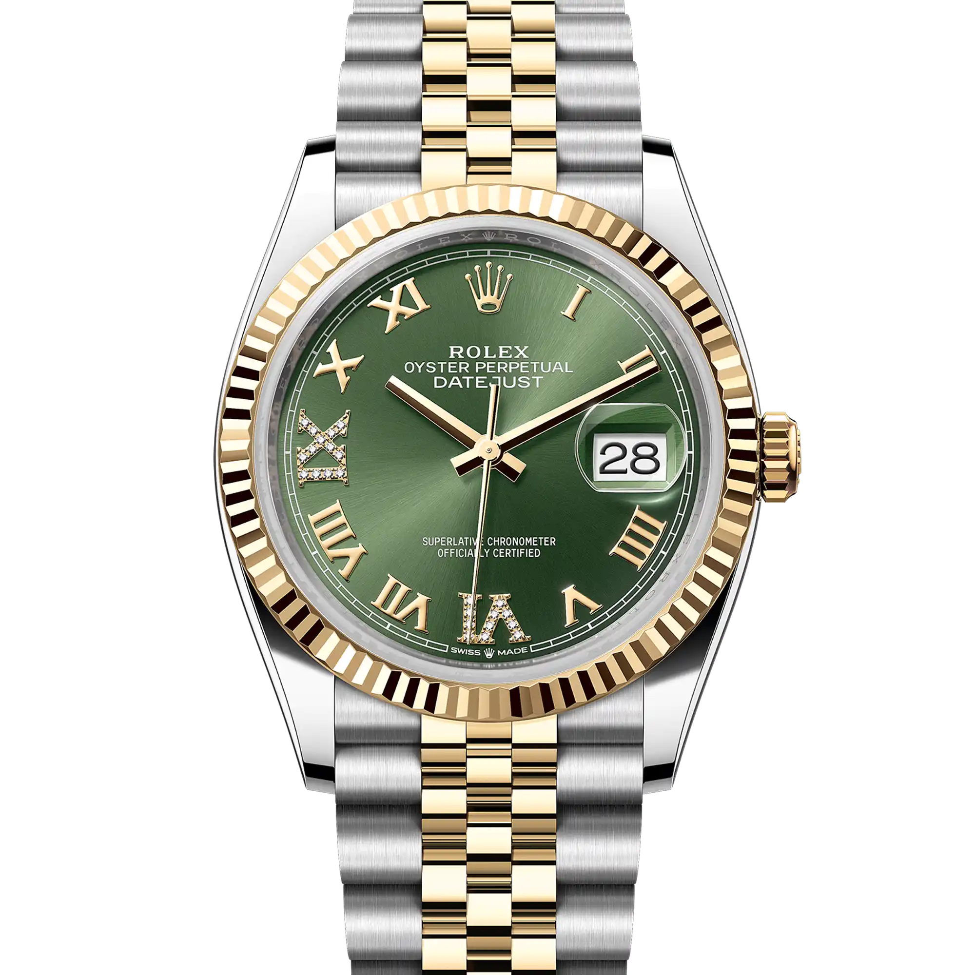 Rolex Datejust 36 Olive Green Roman Diamond Oystersteel Yellow Gold Jubilee 126233