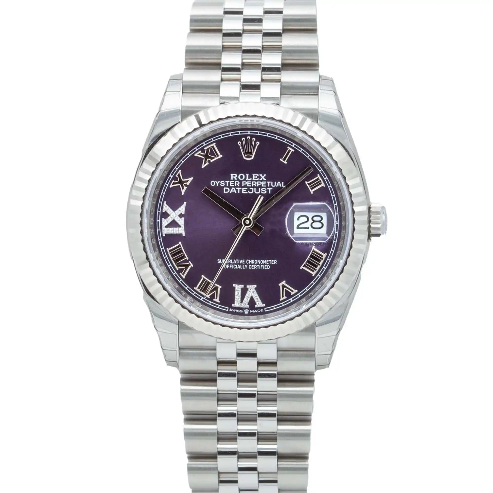Rolex Datejust 36 Purple Roman Diamond Oystersteel White Gold Jubilee 126234 - Front