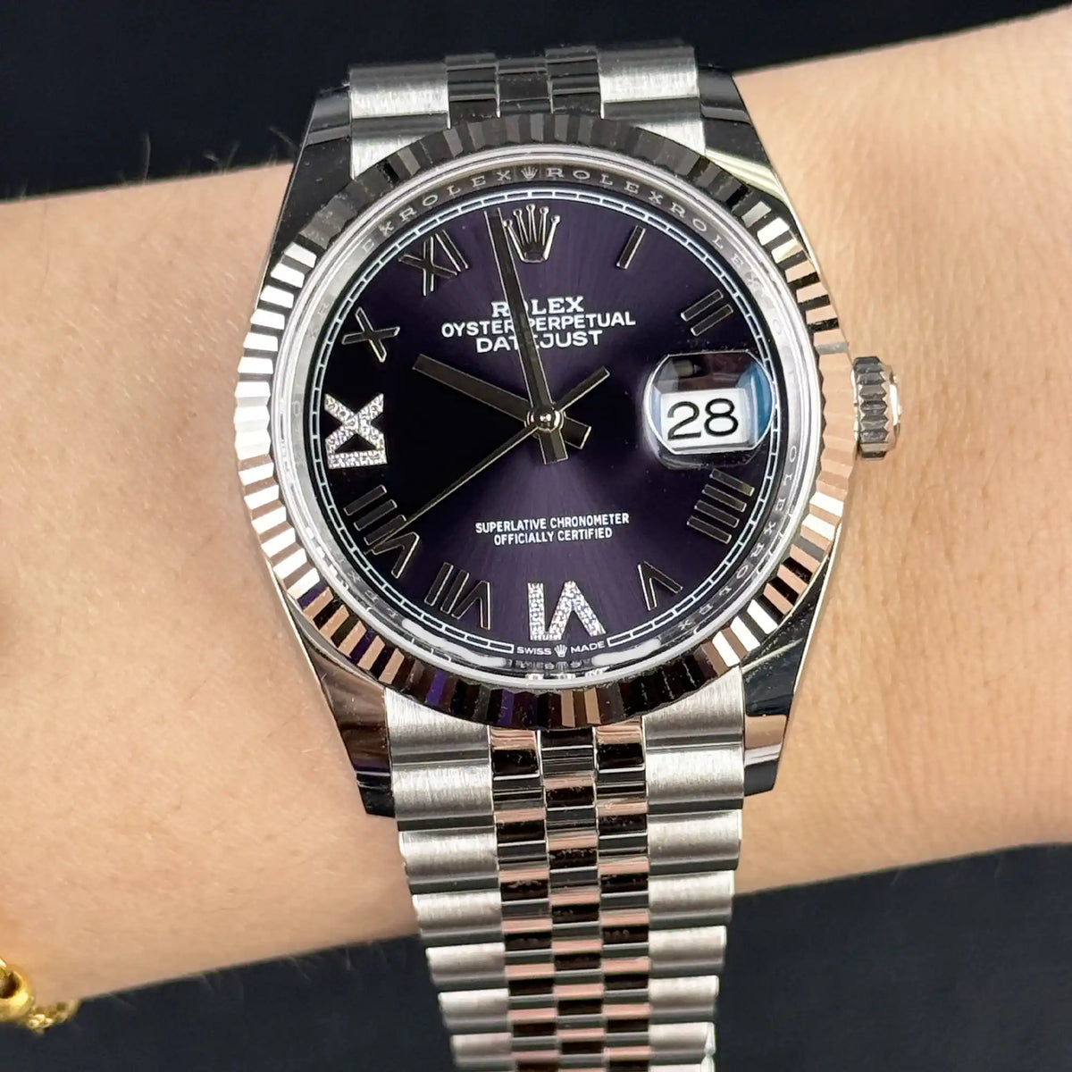 Rolex Datejust 36 Purple Roman Diamond Oystersteel White Gold Jubilee 126234 - Wrist