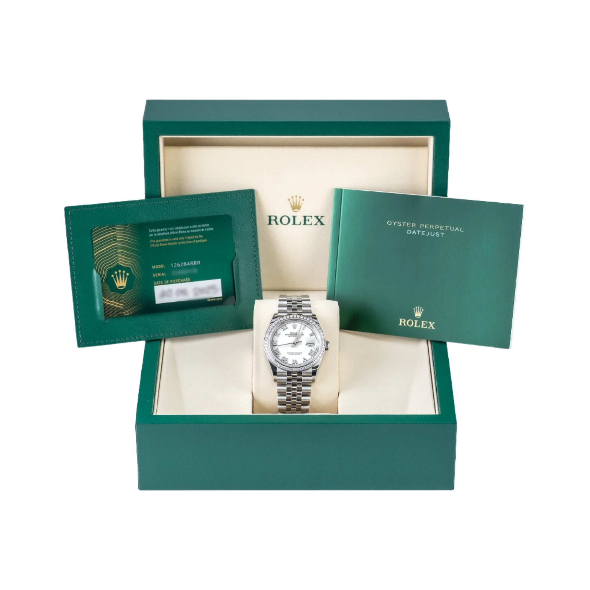 Rolex Datejust 36 White Roman Dial Diamond Bezel Jubilee 126284RBR-Full set