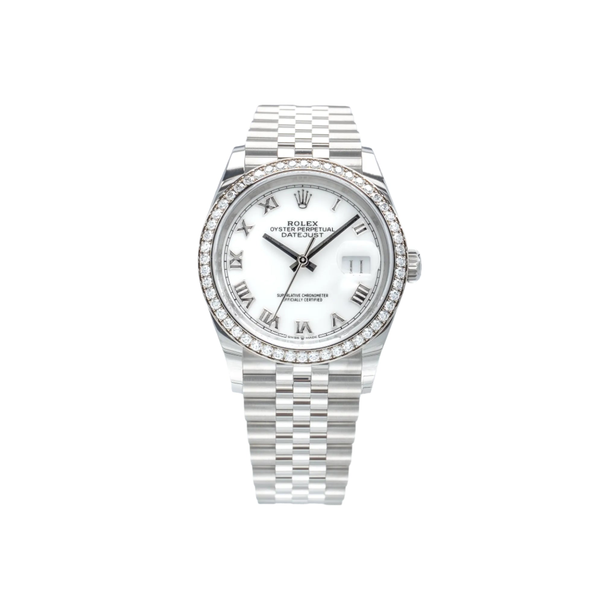Rolex Datejust 36 White Roman Dial Diamond Bezel Jubilee 126284RBR- Front