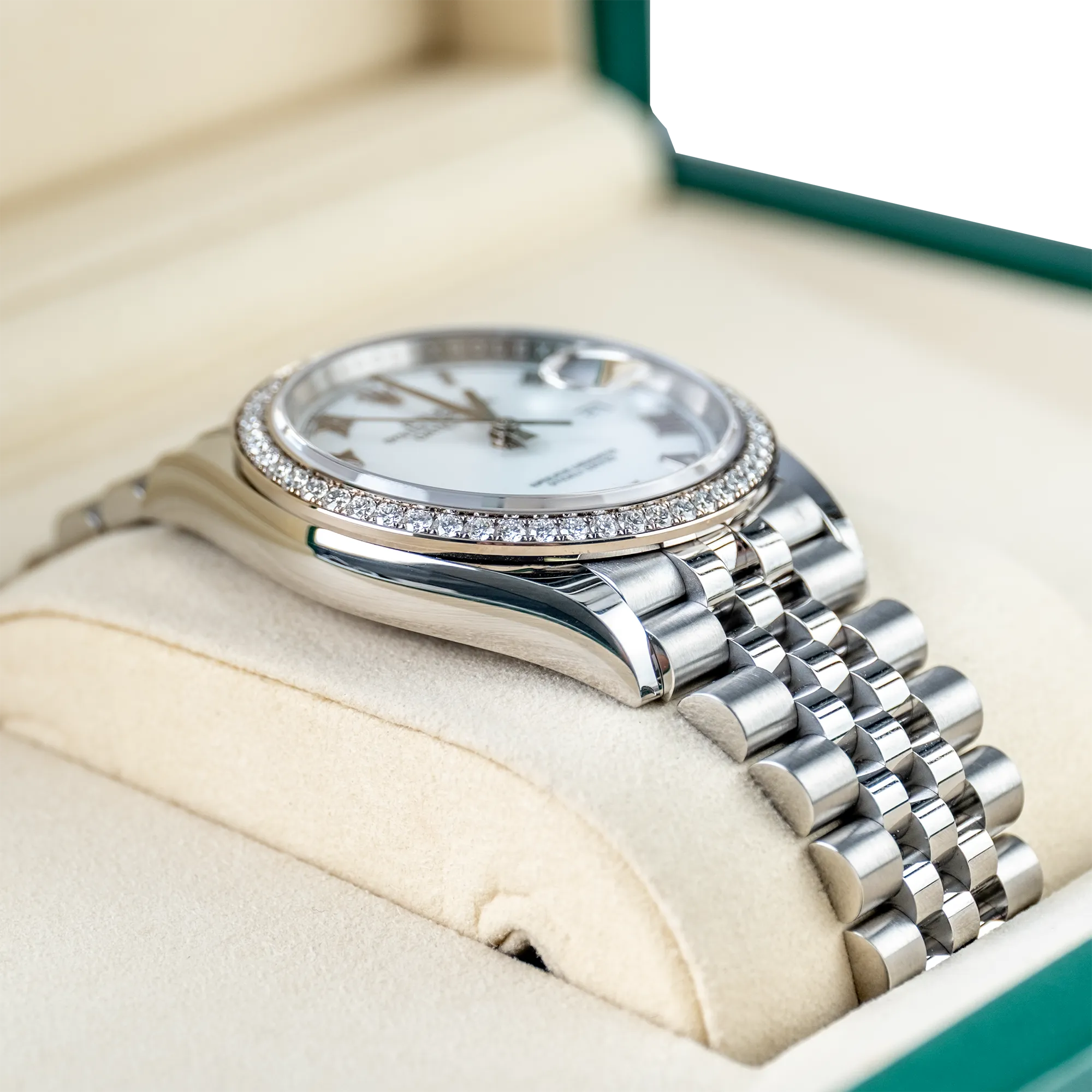 Rolex Datejust 36 White Roman Dial Diamond Bezel Jubilee 126284RBR- Left