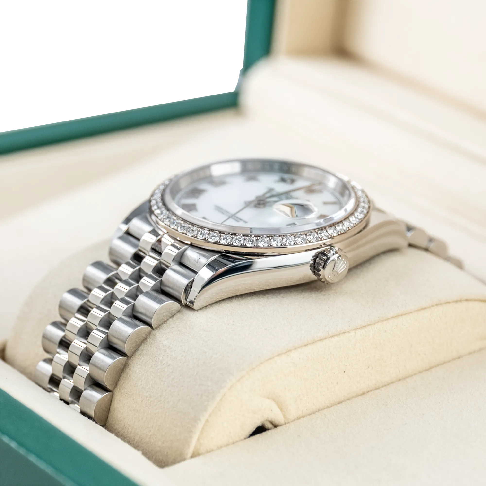 Rolex Datejust 36 White Roman Dial Diamond Bezel Jubilee 126284RBR- Right