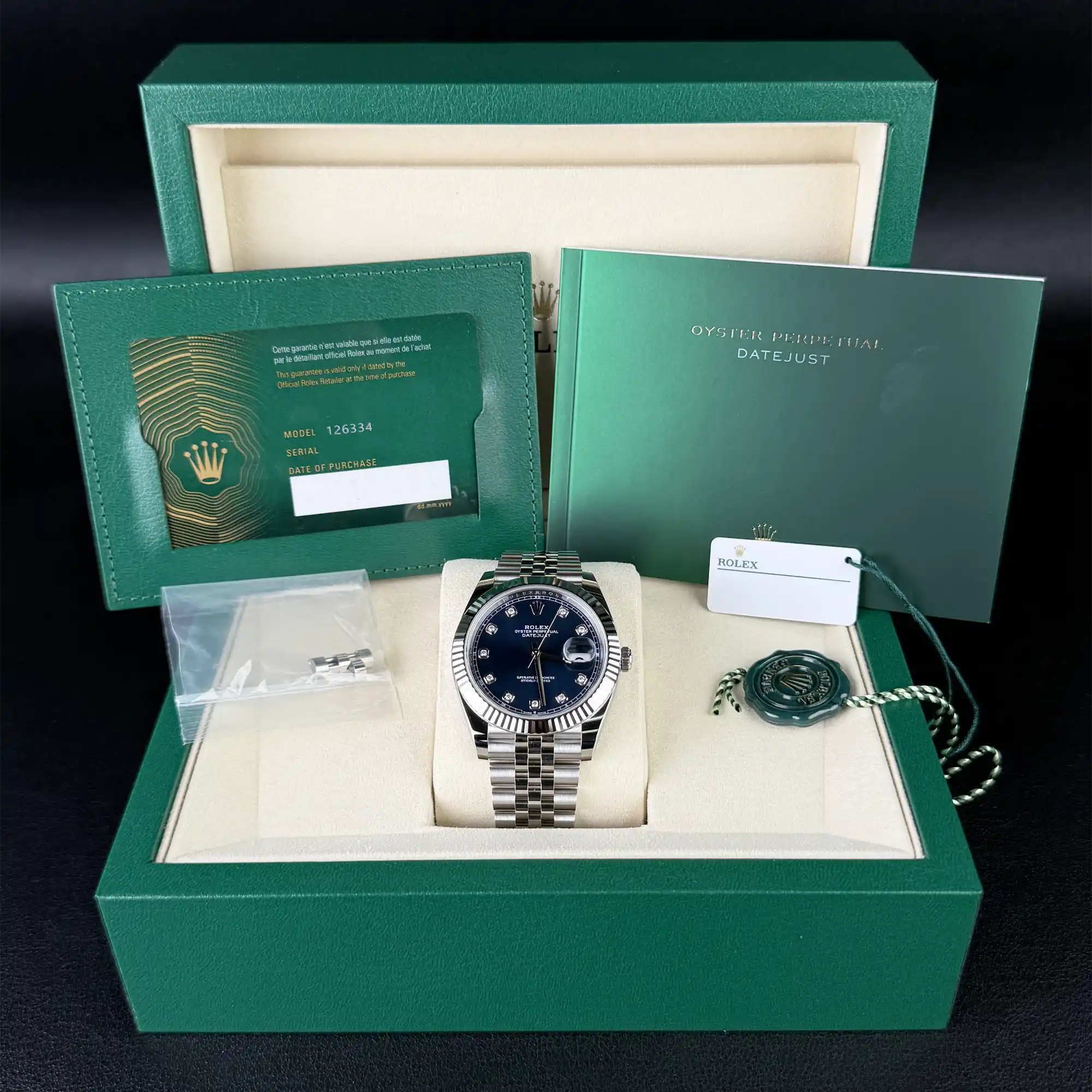 Rolex Datejust 41 Blue Diamond Oystersteel White Gold Jubilee 126334 - full set