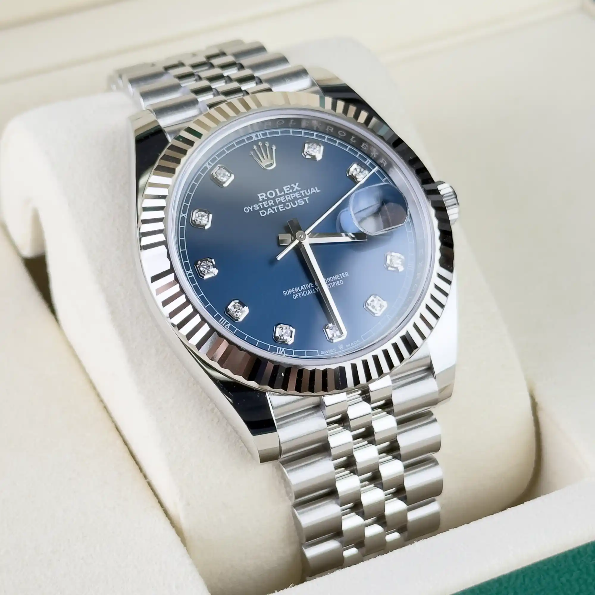 Rolex Datejust 41 Blue Diamond Oystersteel White Gold Jubilee 126334 - left