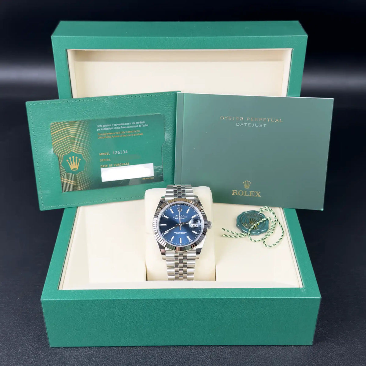 Rolex Datejust 41 Blue Index Oystersteel White Gold Jubilee 126334 - Full set