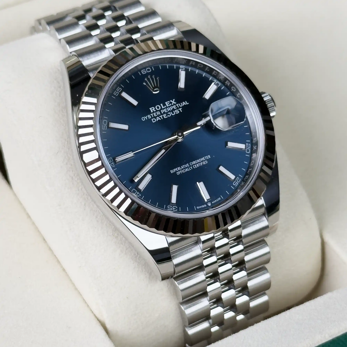 Rolex Datejust 41 Blue Index Oystersteel White Gold Jubilee 126334 - Left