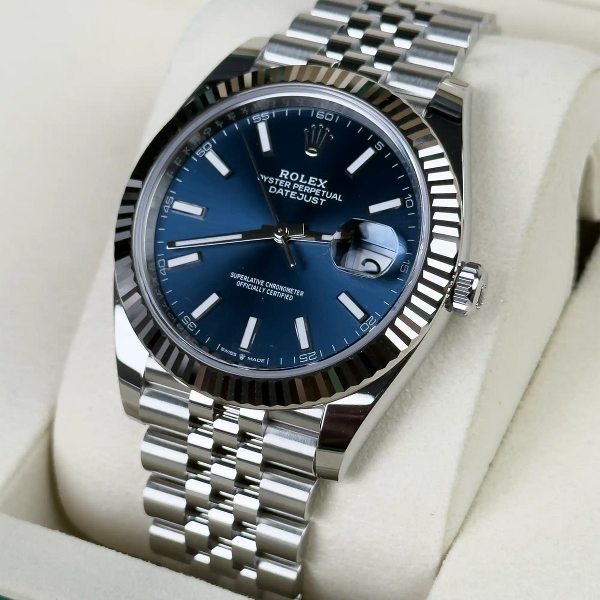 Rolex Datejust 41 Blue Index Oystersteel White Gold Jubilee 126334 - Right