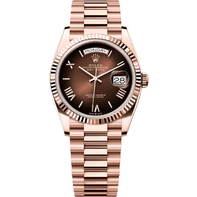 Rolex Day-Date 36 Brown Ombré Roman Rose Gold 128235 - Front