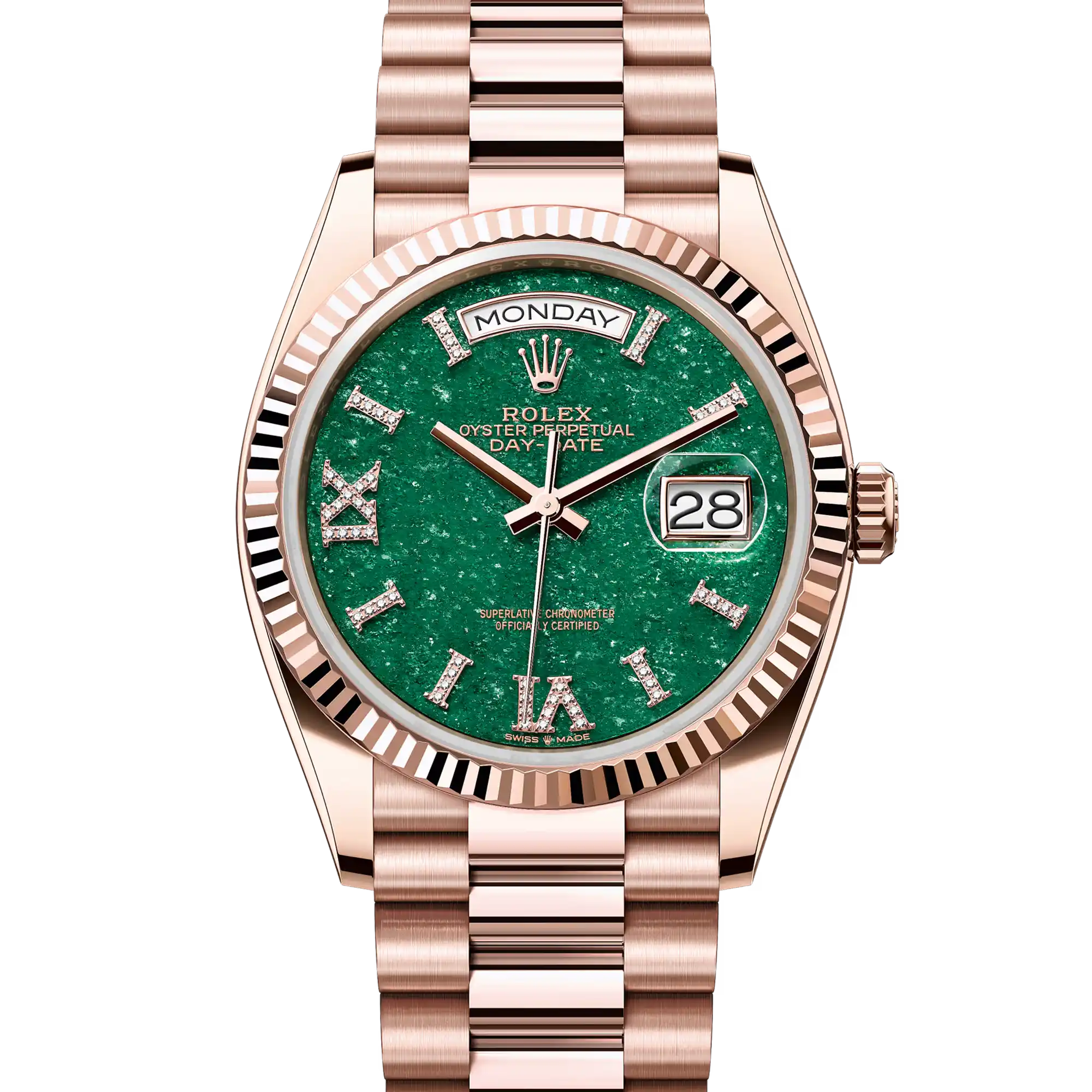 Rolex Day-Date 36 Green Aventurine Roman Diamond Rose Gold 128235
