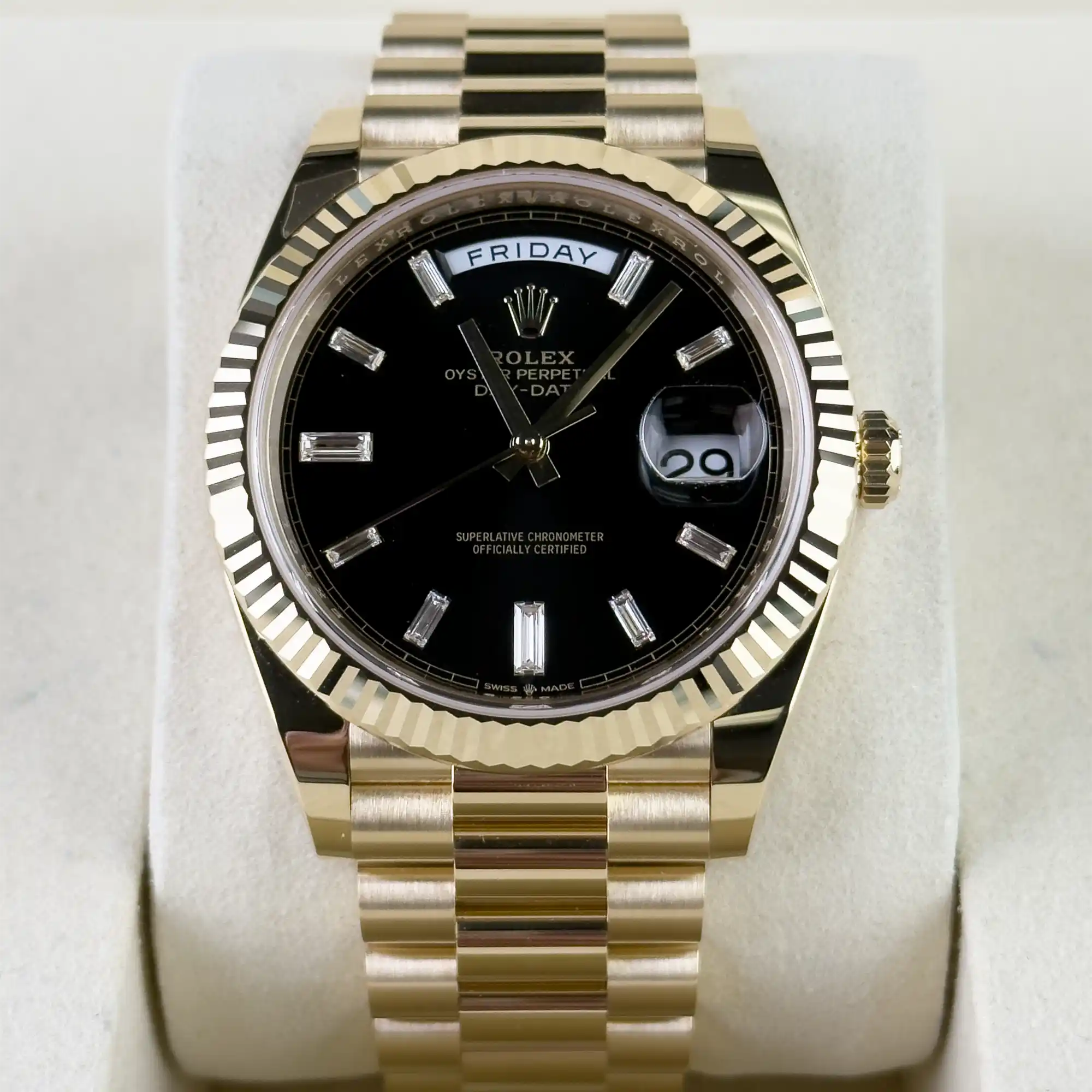 Rolex Day-Date 40 Black Baguette Yellow Gold 228238 - Front