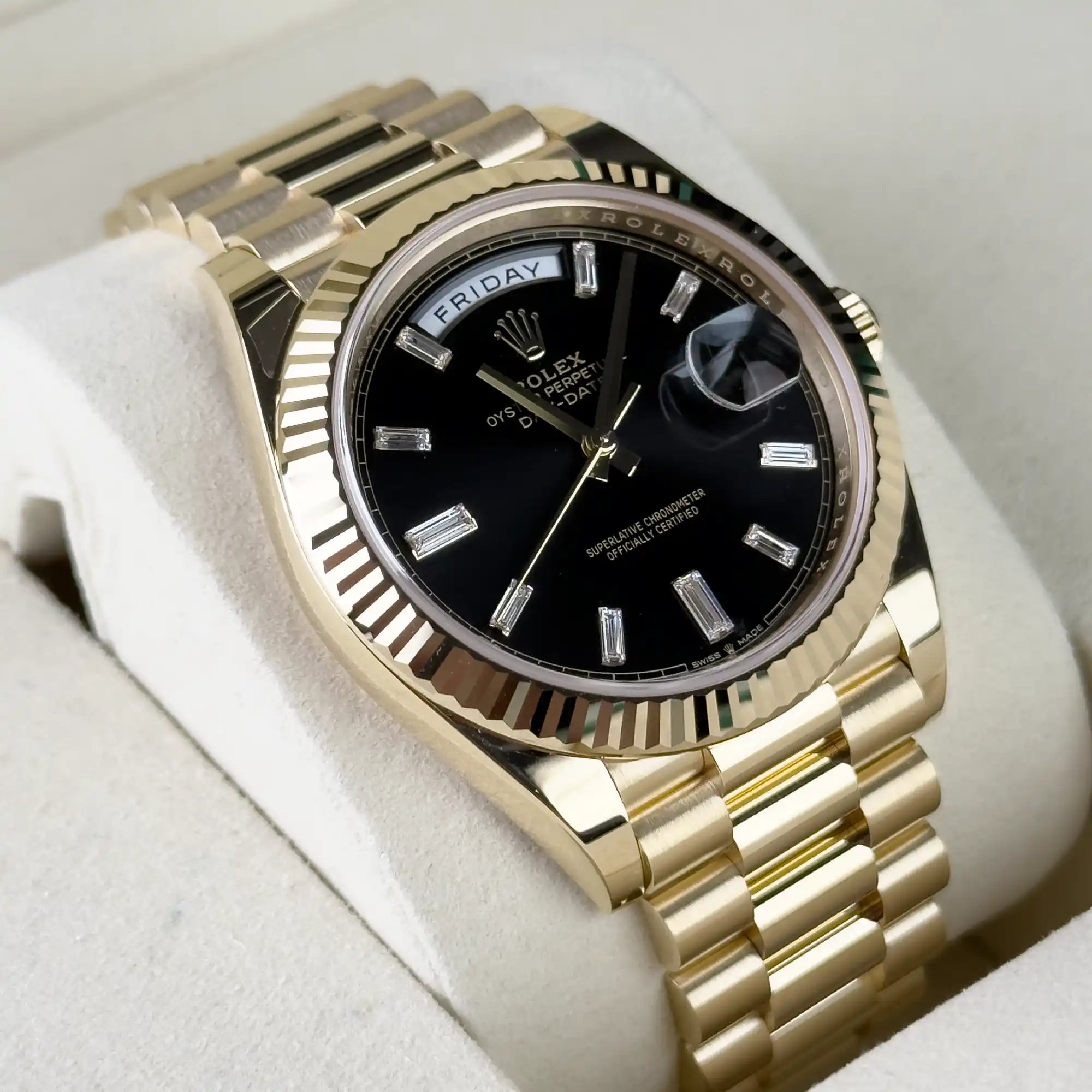 Rolex Day-Date 40 Black Baguette Yellow Gold 228238 - Left