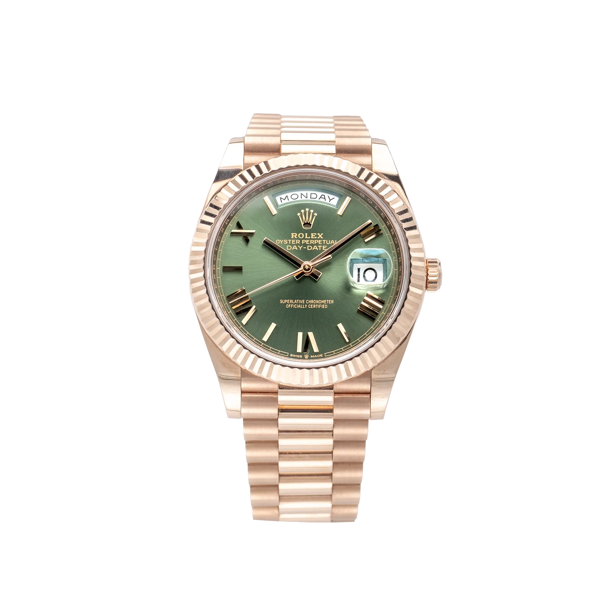 Rolex Day-Date 40 Olive Green Roman Rose Gold 228235 - Front