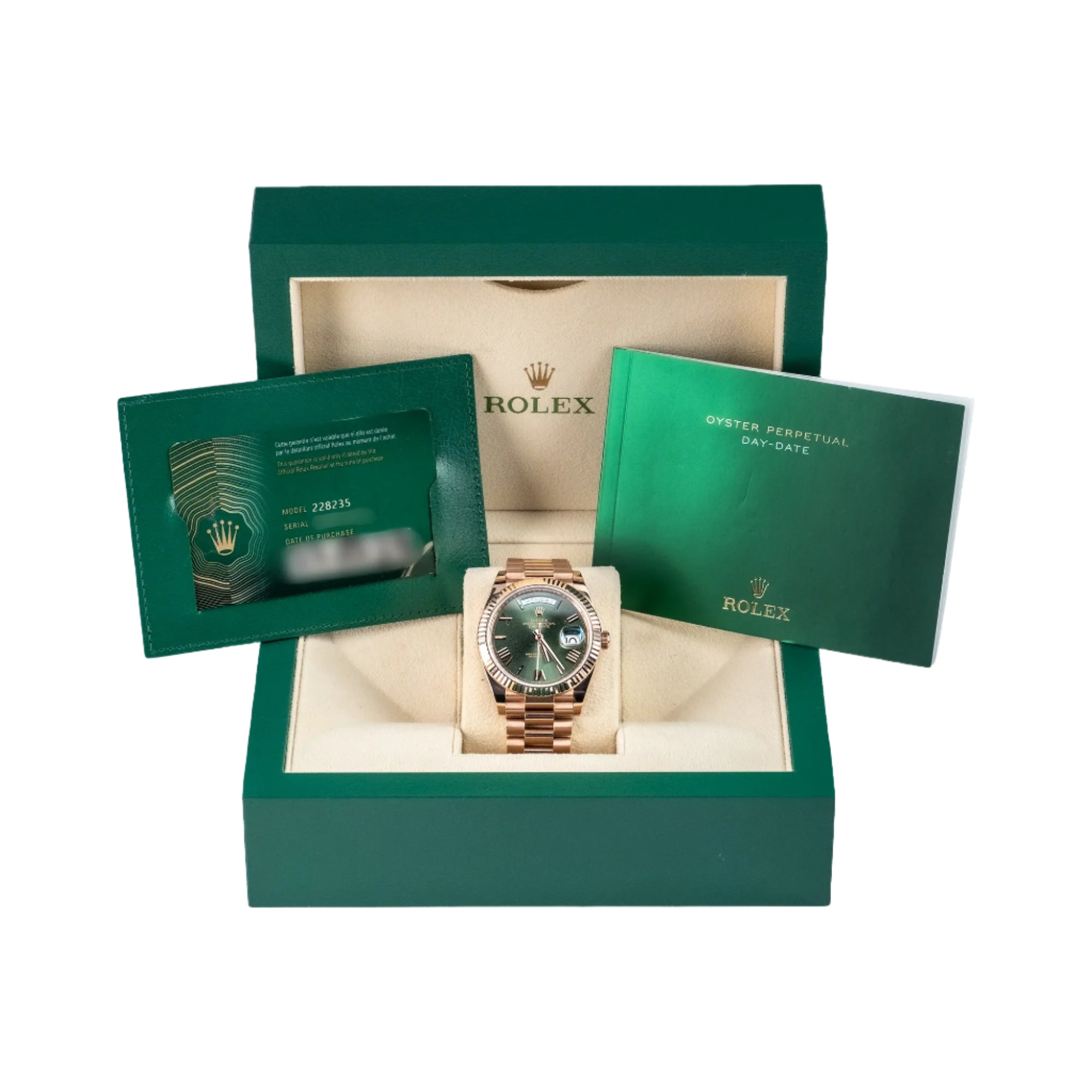 Rolex Day-Date 40 Olive Green Roman Rose Gold 228235 - Full set