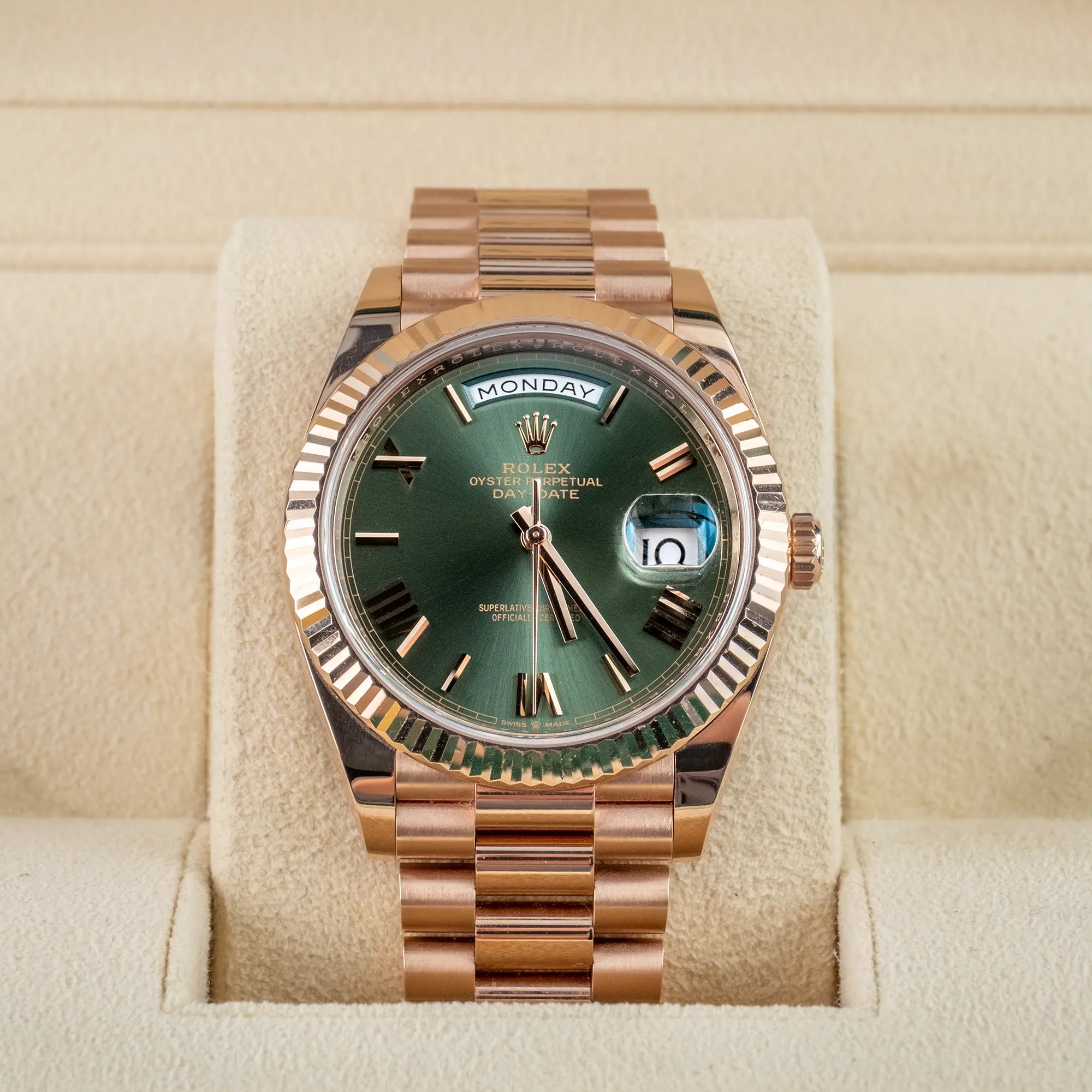 Rolex Day-Date 40 Olive Green Roman Rose Gold 228235 - In box