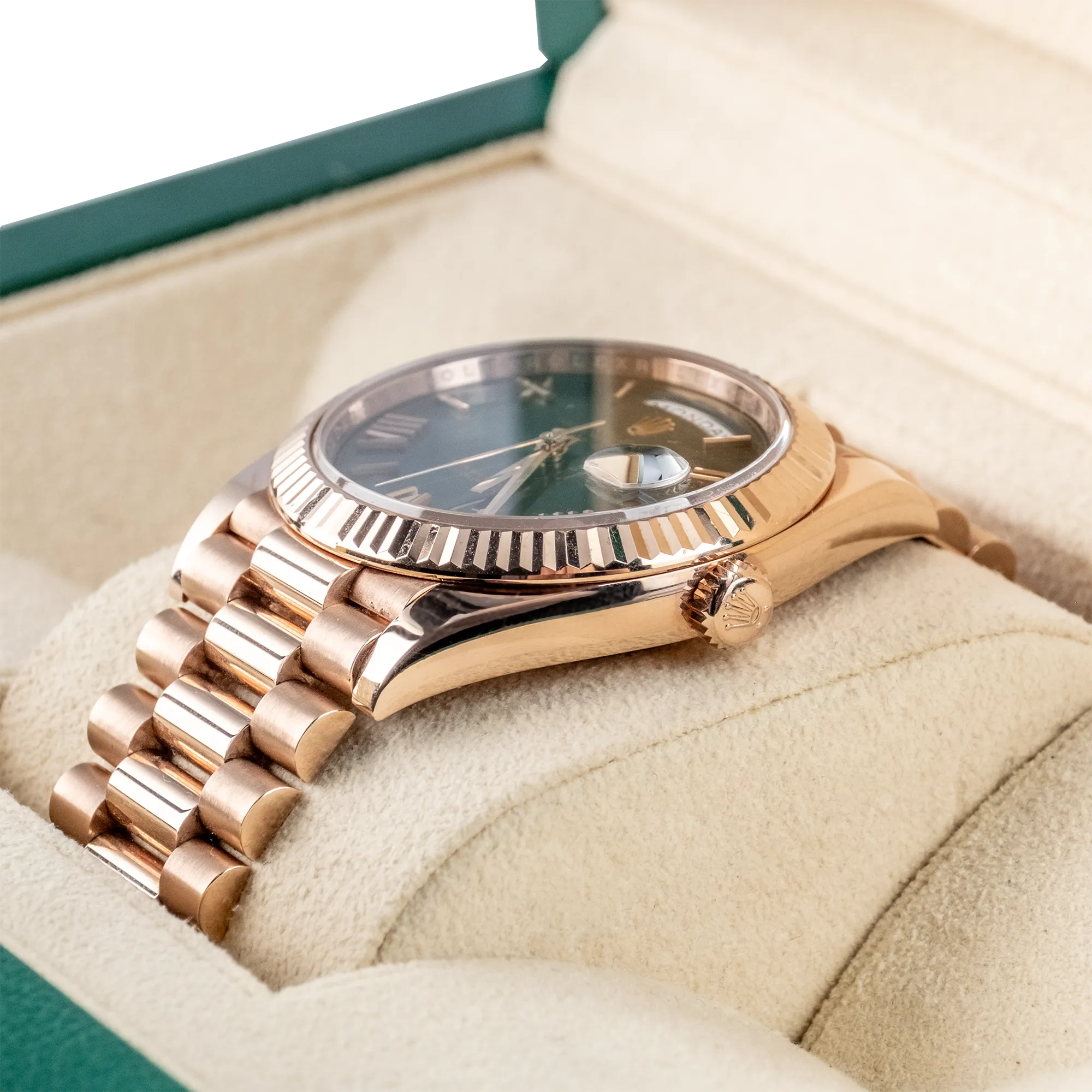 Rolex Day-Date 40 Olive Green Roman Rose Gold 228235 - Right