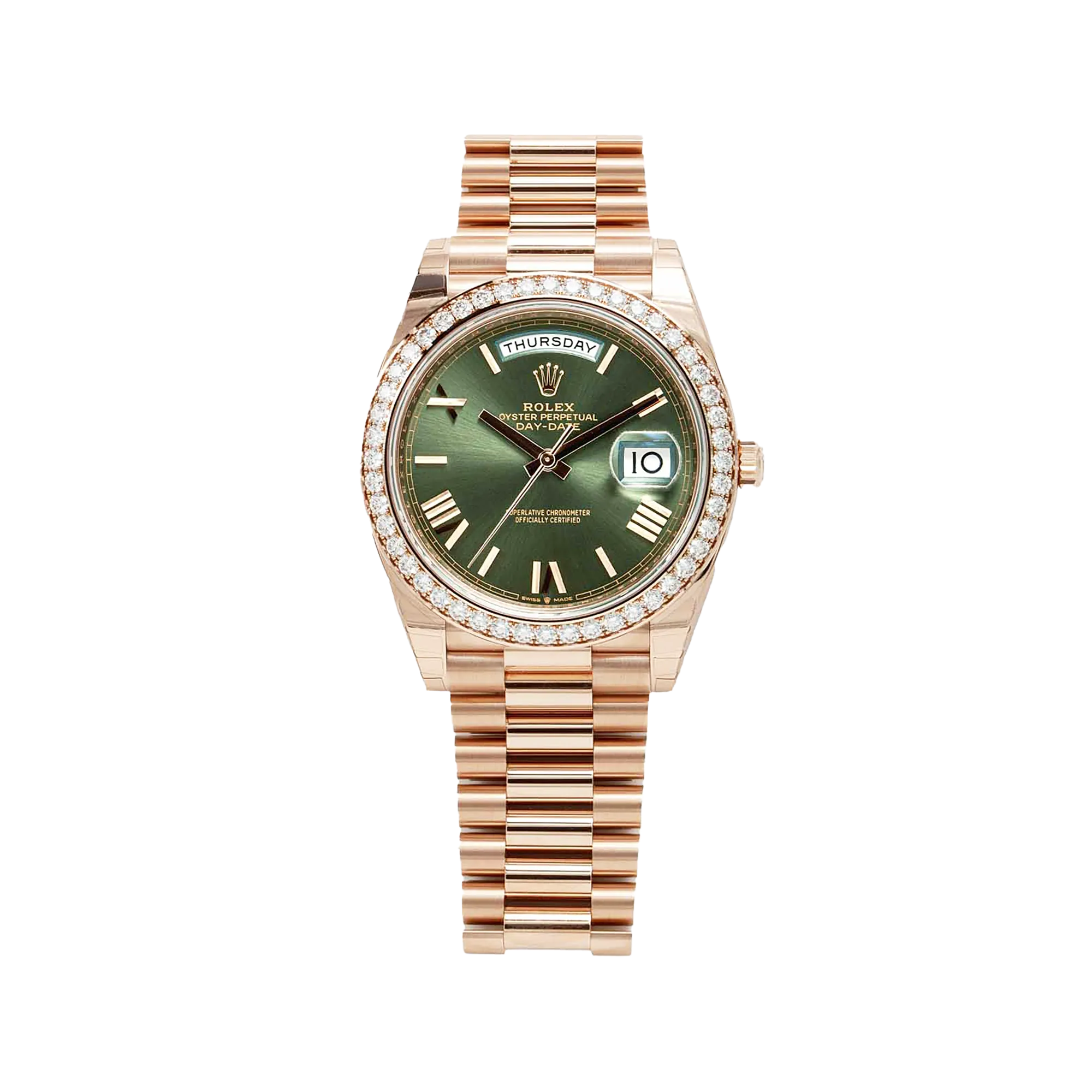 Rolex Day-Date 40 Olive Green Roman Rose Gold 228345 - Front