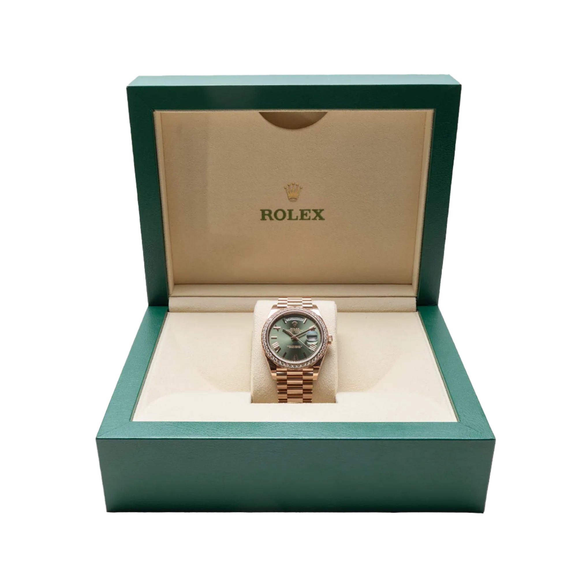 Rolex Day-Date 40 Olive Green Roman Rose Gold 228345 - Full set