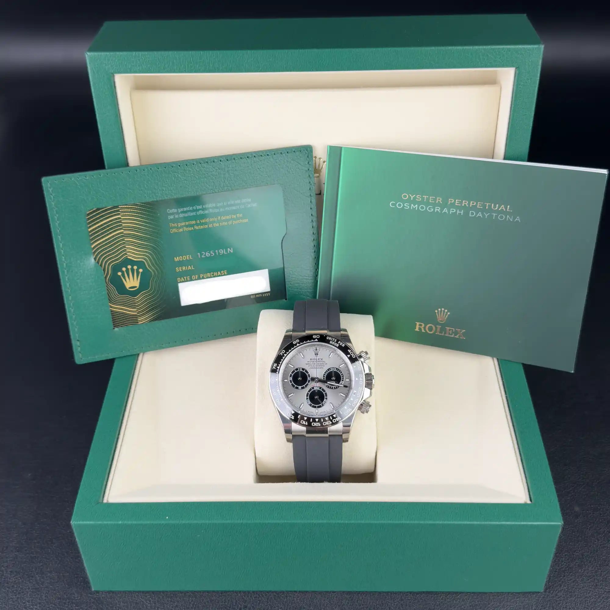 Rolex Daytona "Ghost" Silver Dial White Gold Oysterflex 126519 - Full set