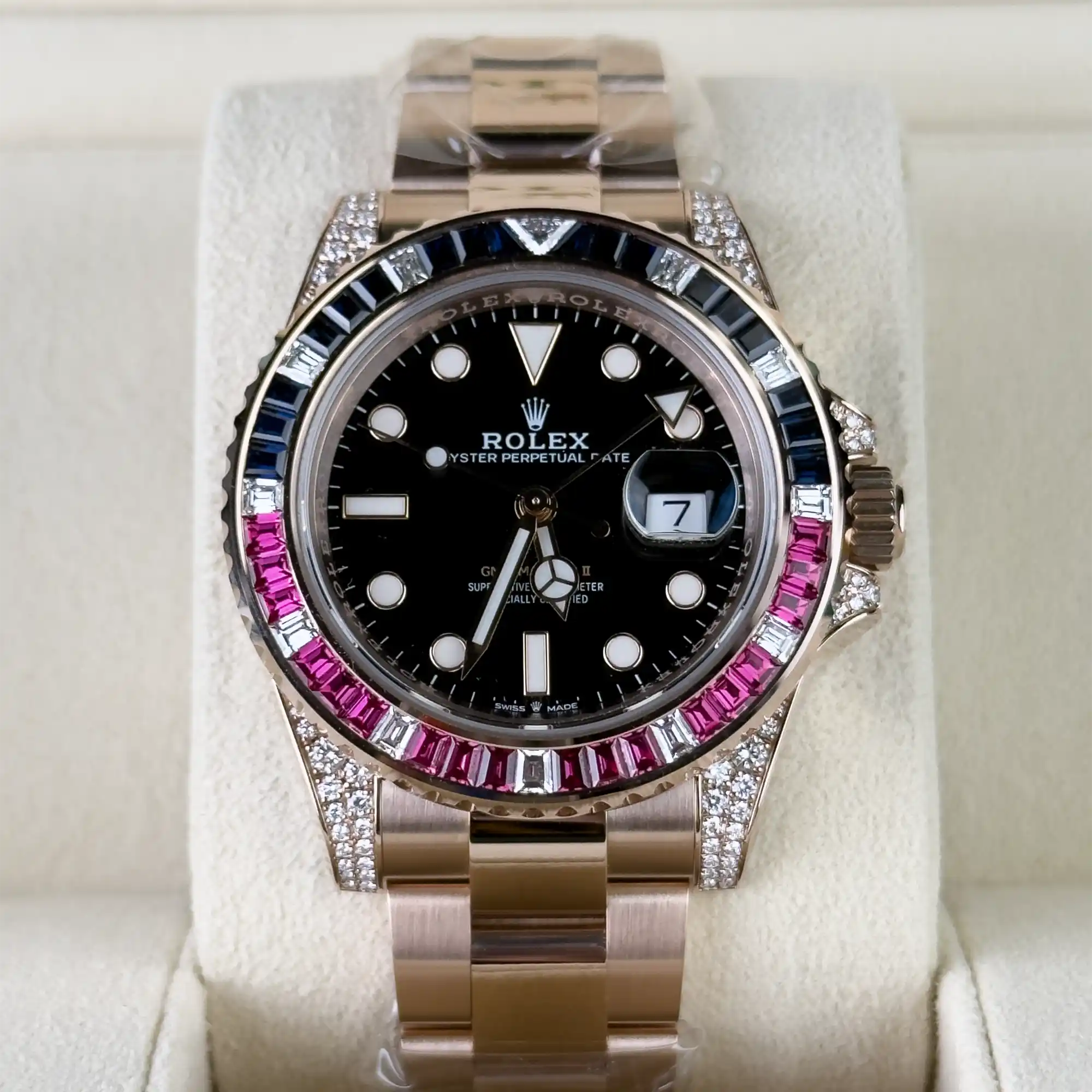 Rolex GMT Master II Black Dial Sapphire Emerald Bezel Rose Gold 126755SARU - 2022 Retail Ready - Front