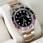 Rolex GMT Master II Black Dial Sapphire Emerald Bezel Rose Gold 126755SARU - 2022 Retail Ready - Left