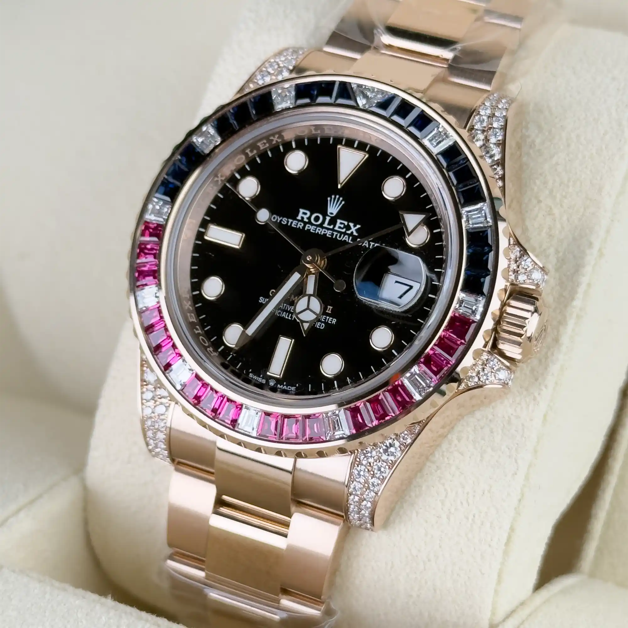 Rolex GMT Master II Black Dial Sapphire Emerald Bezel Rose Gold 126755SARU - 2022 Retail Ready - Right