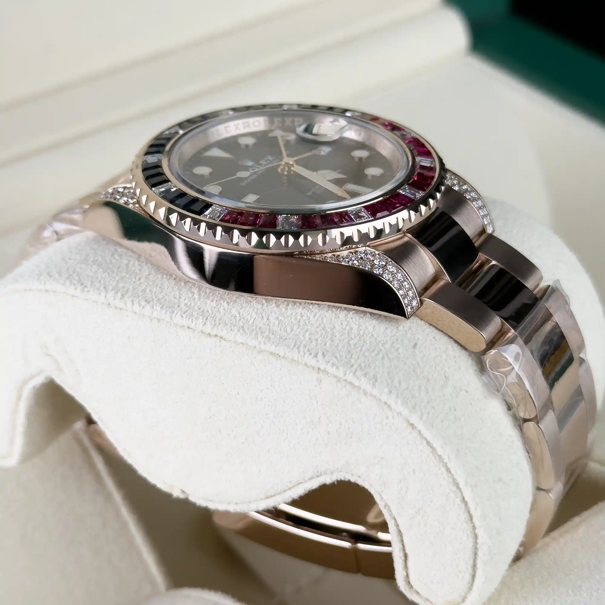 Rolex GMT Master II Black Dial Sapphire Emerald Bezel Rose Gold 126755SARU - 2022 Retail Ready - Side 2