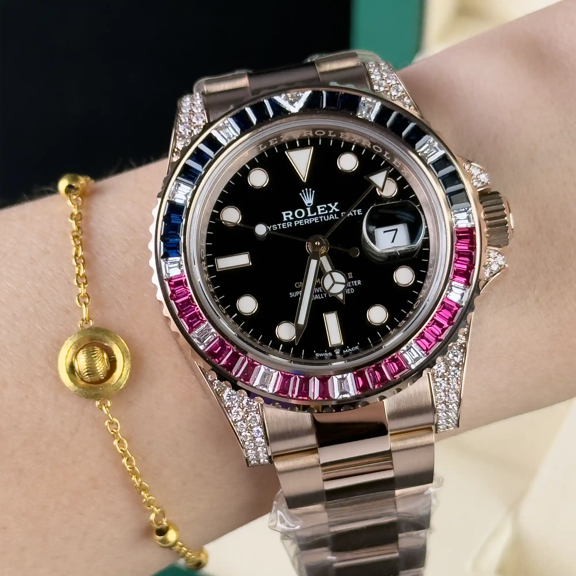 Rolex GMT Master II Black Dial Sapphire Emerald Bezel Rose Gold 126755SARU - 2022 Retail Ready - Wrist
